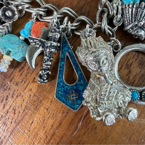Vintage Southwest Turquoise Native American Sterling 925 Silver Charm Bracelet - Picture 9 of 16